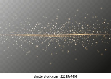 Abstract stylish light effect on black background. Gold glowing neon lines. Golden glowing dust and glare. Flash Light. Light trail. Vector illustration. EPS 10
