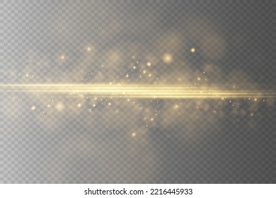 Abstract stylish light effect on transparent background. Gold glowing neon lines. Golden glowing dust and glare, bokeh. Flash Light. Light trail. Vector illustration.