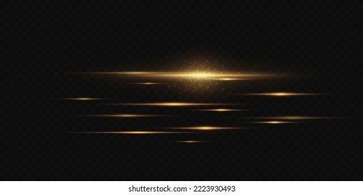 Abstract stylish light effect on transparent background. Gold glowing neon lines. Golden glowing dust and glare, bokeh. Flash Light. Light trail. Vector illustration.
