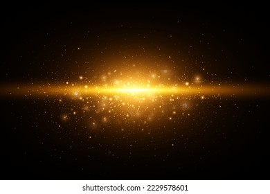 Abstract stylish light effect on black background. Golden neon lines. Golden glowing dust, bokeh and glare. Flash Light. Vector illustration. EPS 10