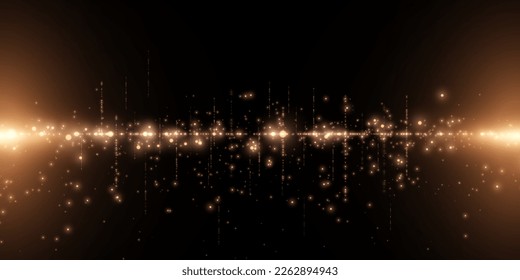 Abstract stylish light effect on black background. Gold glowing neon lines. Golden glowing dust and glare. Flash Light. Light trail