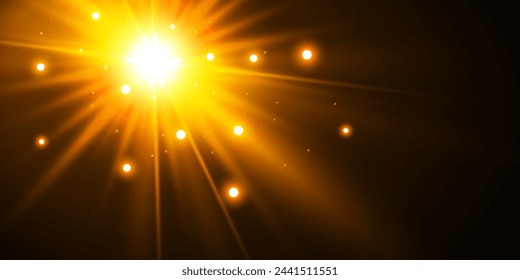Efecto de luz elegante abstracto sobre fondo negro. Línea de neón dorada brillante. Polvo dorado brillante y deslumbramiento. Destello. Camino brillante. Ilustración vectorial.