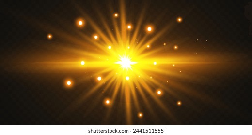 Abstract stylish light effect on black background. Golden glowing neon line. Golden glow dust and glare. Flash. Glowing trail. Vector illustration.