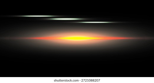 Efeito de luz elegante abstrato em um fundo preto. Linha de neon brilhante dourada. Poeiras e clarões luminosos dourados. Luz do flash. trilha luminosa