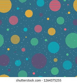 Abstract stylish multicolored circles seamless pattern. Circles are formed by stripes. Vertical, horizontal and diagonal stripes. White dots scattered around the background. Simple shapes.
