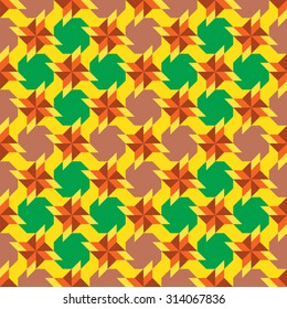 Abstract stylish ornamental seamless pattern with  different geometrical shapes of yellow, green, orange, brown and old rose shades