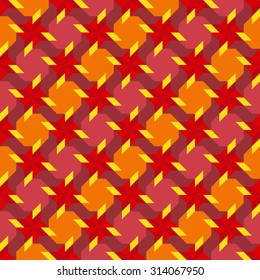Abstract stylish ornamental seamless pattern with  different geometrical shapes of violet, red, orange and yellow shades