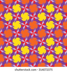 Abstract stylish ornamental seamless pattern with  different geometrical shapes of violet, orange, yellow and red shades