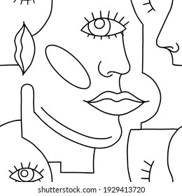 Abstract stylish pattern with human faces. Men and women. Hand drawn vector seamless pattern with modern style portraits. Line art