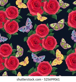 Abstract stylish roses, bright flat butterflies, seamless pattern