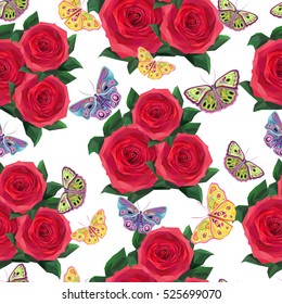 Abstract stylish roses, bright flat butterflies, seamless pattern