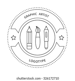 Abstract stylish round design studio illustration with brush, pencil and digital pen for logo or other use.