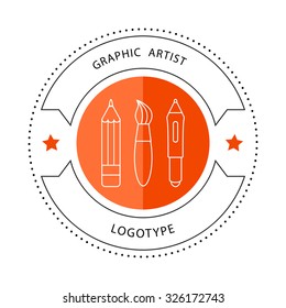 Abstract stylish round design studio illustration with brush, pencil and digital pen for logo or other use.