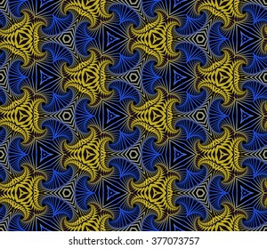 Abstract stylish seamless ornamental pattern of fractal shapes in blue and yellow shades on black background