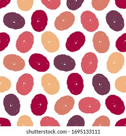 Abstract stylish seamless pattern with multi-colored beige, pink, purple ovals on a white background. Textural paint strokes. Fashionable background for fabric, Wallpaper, gift wrapping. Vector.