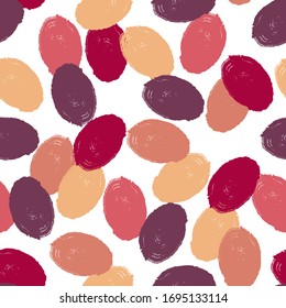 Abstract stylish seamless pattern with multi-colored beige, pink, purple ovals on a white background. Textural paint strokes. Fashionable background for fabric, Wallpaper, gift wrapping. Vector.