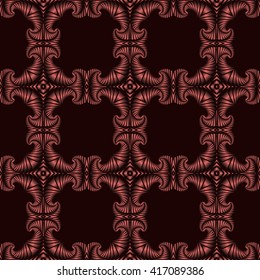 Abstract stylish seamless pattern with red metallic decorative elements on dark red background