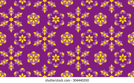 Abstract stylish seamless pattern of yellow and violet colors geometrical elements on violet background