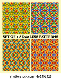 Abstract stylish seamless patterns with decorative ornament of blue, yellow, orange, red and green shades
