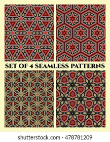 Abstract stylish seamless patterns with decorative ornament of red, grey, black and light brown shades