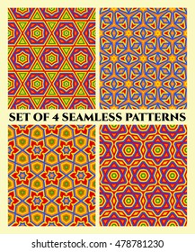 Abstract stylish seamless patterns with decorative ornament of blue, yellow, orange, red and green shades