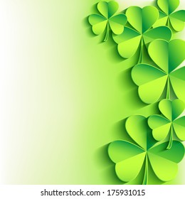 Abstract stylish St. Patrick's day background with green cut paper 3d leaf clover. Trendy floral background. St. Patrick day card. Vector illustration 