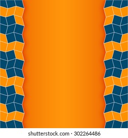 Abstract stylish text or photo layout with vertical borders of rhombus and square shapes in blue and orange colors on orange background