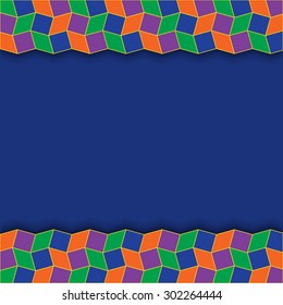 Abstract stylish text or photo template with varicolored horizontal borders of rhombus and square shapes on blue background