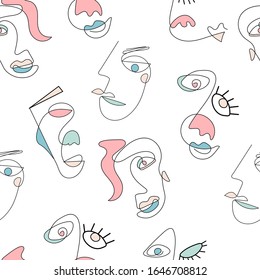 Abstract stylish texture with human faces. Hand-drawn vector seamless pattern with portraits in modern style.