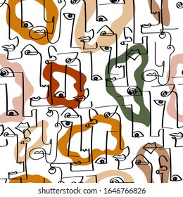 Abstract stylish texture with human faces. Hand-drawn vector seamless pattern with portraits in modern style.