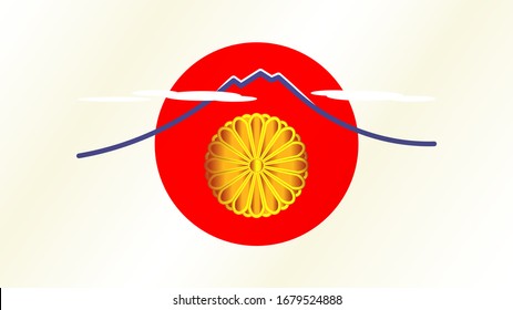 Abstract stylistic flag of the country of the rising sun. Silhouette of mountains and clouds on the background of the red circle and the gold emblem of Japan EPS10