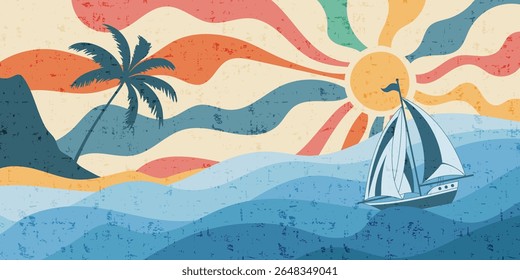 Estilização abstrata do mar e do sol, iate à vela, cores vintage e textura, desenho vetorial, ilustração de desenhos animados