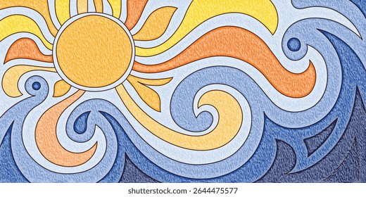 Abstract stylization of sea and sun, vector drawing, cartoon illustration