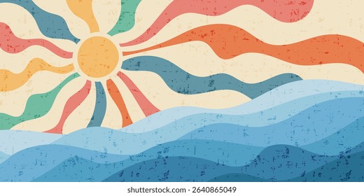 Abstract stylization of sea and sun, vintage colors and texture, vector drawing, cartoon illustration