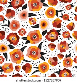 Abstract stylized autumn flowers and leaves seamless vector doodle background pink orange red black. Nature repeating pattern in fall colors. Flat Scandinavian style. For fabrics, wallpaper