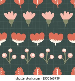 Abstract stylized autumn flowers and leaves seamless vector doodle background pink orange red green black. Nature repeating pattern in fall colors. Flat Scandinavian style. For fabrics, wallpaper