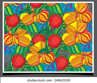 abstract stylized backdrop is filled with colorful flowers on a gray background