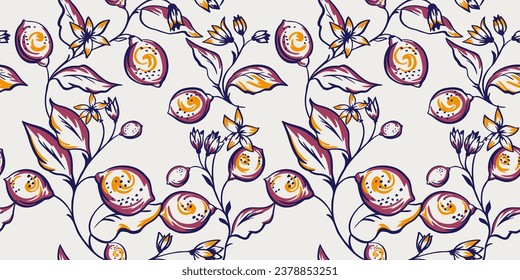 Abstract stylized branches lemon seamless pattern. Vector hand drawn floral brush with lemon. The trendy simple fruits illustration. Template for design fabric, interior decor, fashion, wallpaper