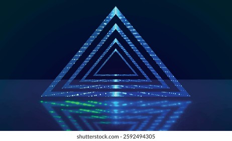 Abstract stylized bright blue triangle logo template on dark background. Abstract space, shiny neon light triangles. 3d vector illustration