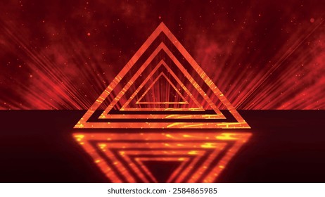 Abstract stylized bright red triangle logo template on dark background. Abstract space, shiny neon bright triangles. 3d vector illustration