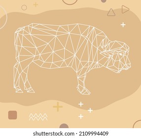 Abstract stylized bull in low polygonal style on beige background with Memphis elements. Geometric bison. Used for posters, brochures, postcards, covers and banners. Stock vector illustration.