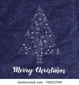 Abstract stylized christmas tree with white contour on dark blue background. Vector illustration for greeting cards, invitations, gift wrapping and other thematic products.