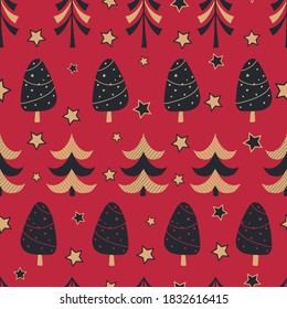 Resumen de árboles de navidad estilizados sobre fondo rojo sin costuras