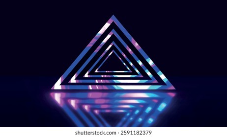 Abstract stylized colorful triangle logo template on dark background. Abstract space, shiny neon light triangles. 3d vector illustration