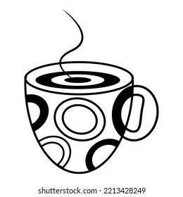 Abstract stylized cup with circle pattern and streams of steam on a transparent background. Line Art
