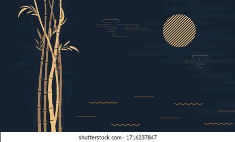 Abstract stylized dark background bamboo forest at night with the moon.Template for poster, postcard, flyer .Vector illustration