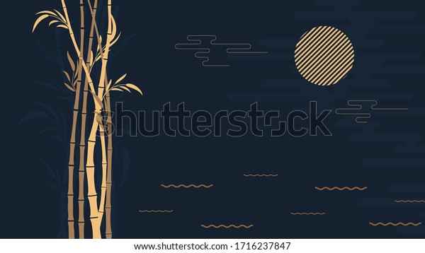 Abstract stylized dark background bamboo forest at night with the moon.Template for poster, postcard, flyer .Vector illustration