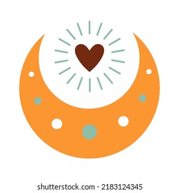Abstract stylized decorative boho moon and sun sign with patterns and floral ornament. Decor for interior decoration, poster, clothing. Flat isolated illustration on white background