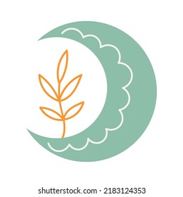 Abstract stylized decorative boho moon and sun sign with patterns and floral ornament. Decor for interior decoration, poster, clothing. Flat isolated illustration on white background