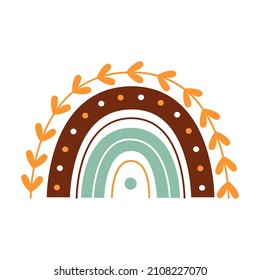 Abstract stylized decorative boho rainbow with patterns and floral ornament. Decor for interior decoration, poster, clothing. Flat isolated illustration on white background